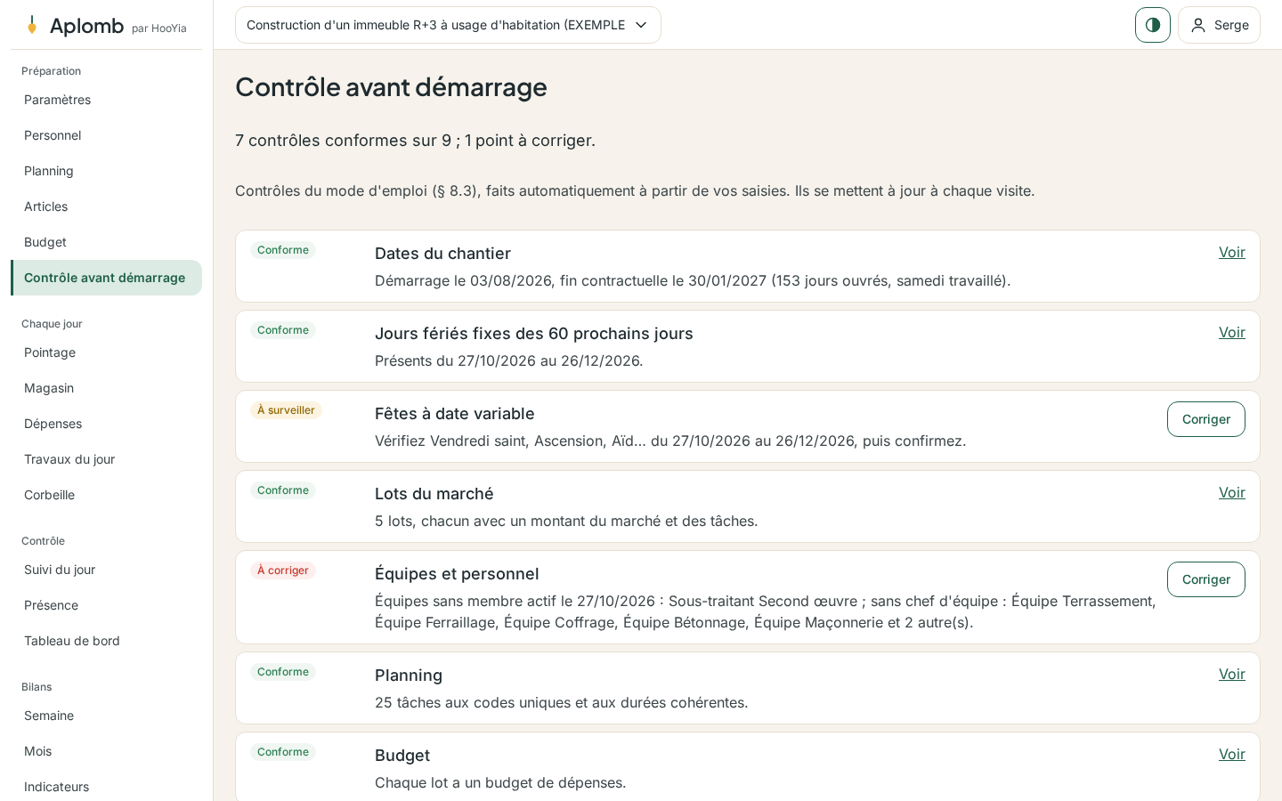 Le contrôle avant démarrage