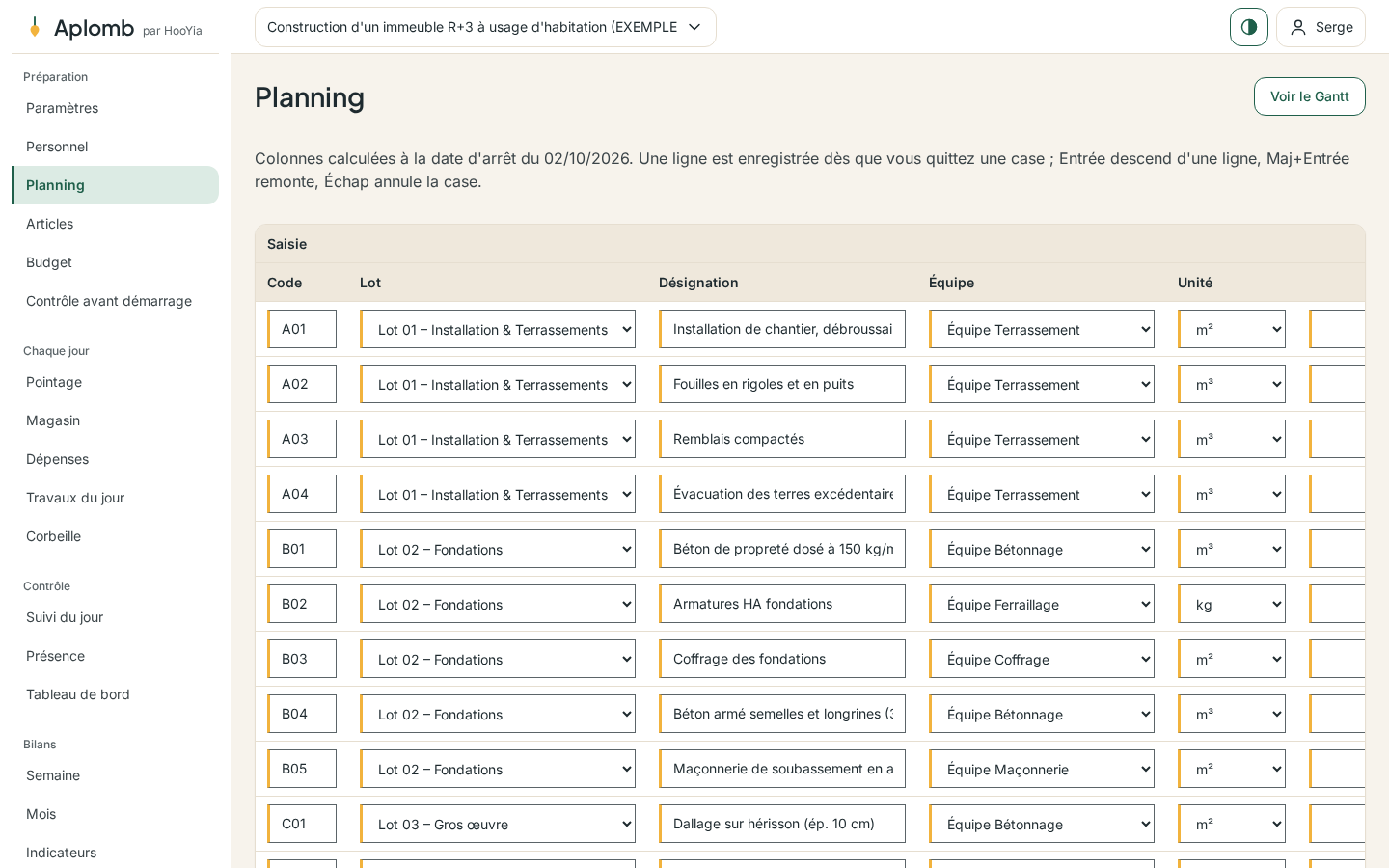 Le tableau du planning