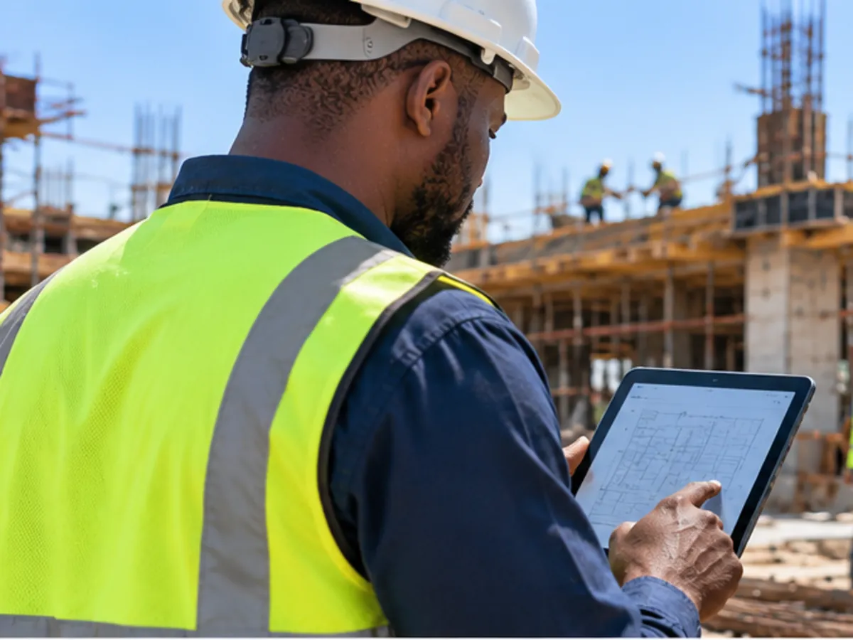 Un conducteur des travaux saisit les quantités du jour sur sa tablette, debout sur le chantier.